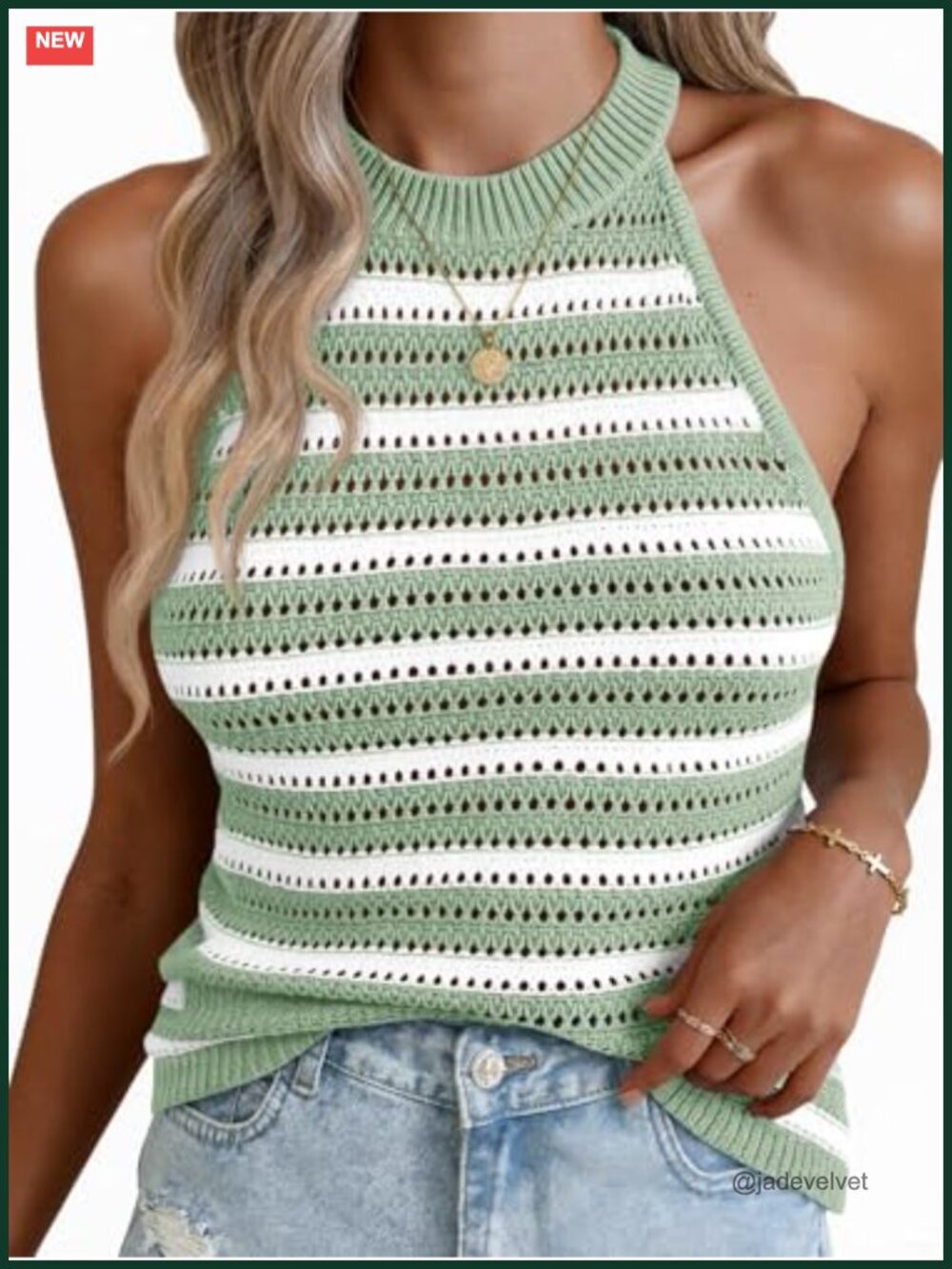 Women's Crochet Halter Tank Top Striped Sleeveless Knit Vest Loose Casual Summer
